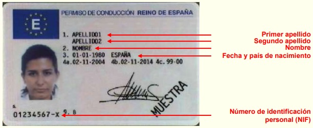 Ejemplo de Permiso de Conducción en España con NIF
