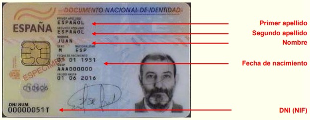 Ejemplo de Documento Nacional de Identidad en España DNI / NIF