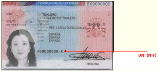 Ejemplo de Tarjeta de Residencia de Extranjero en España con DNI (NIF)