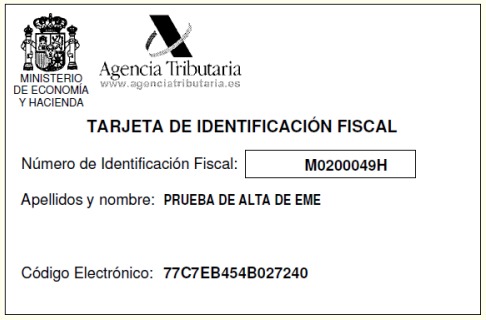 Ejemplo de Tarjeta de Identificación Fiscal de la Agencia Tributaria